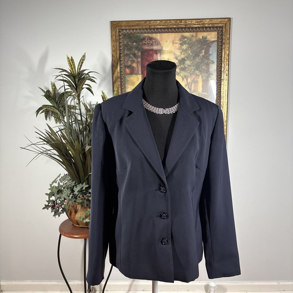 Leslie Fay Women’s Blazer 10 Navy Button Career Jacket Lapel Notch Collar Preppy